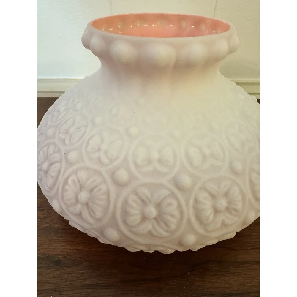 Case Glass Embossed Floral Daisy Dot Pink Inside Satin Kerosene Oil Lamp Shade